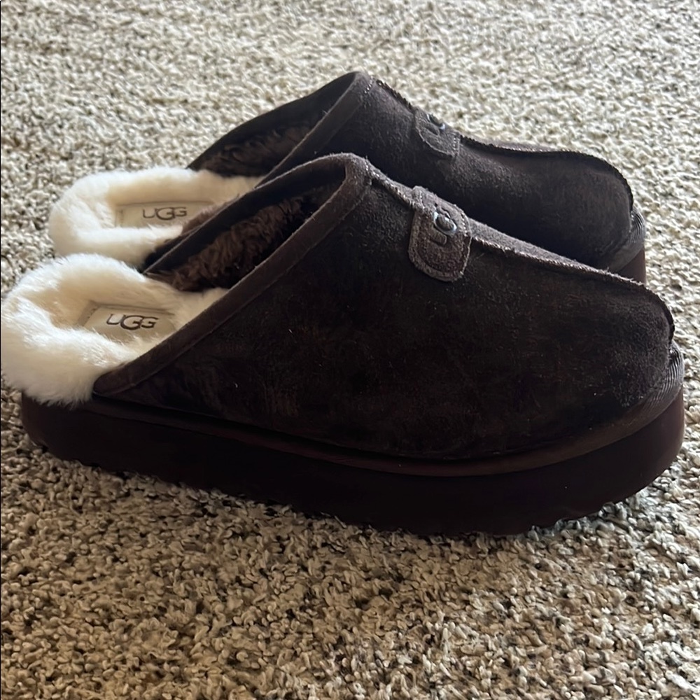 UGG Brown Suede Slippers with Fur Lining